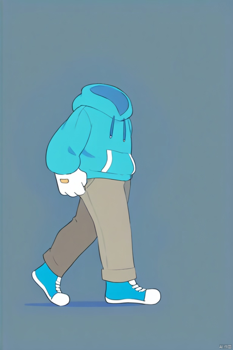 invisible person, animated character, teal hoodie, khaki pants, white gloves, blue sneakers, side profile, cartoon, solid color background,