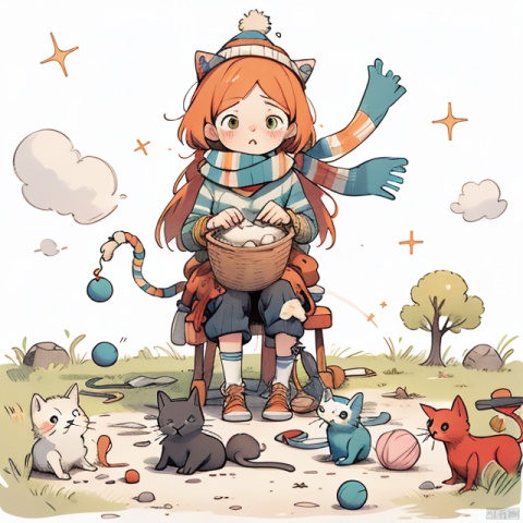 Anime, very cute kitten, orange hair, knitting, wearing a cute hat, striped scarf, green sweater, there are a lot of balls of yarn and yarn on the ground