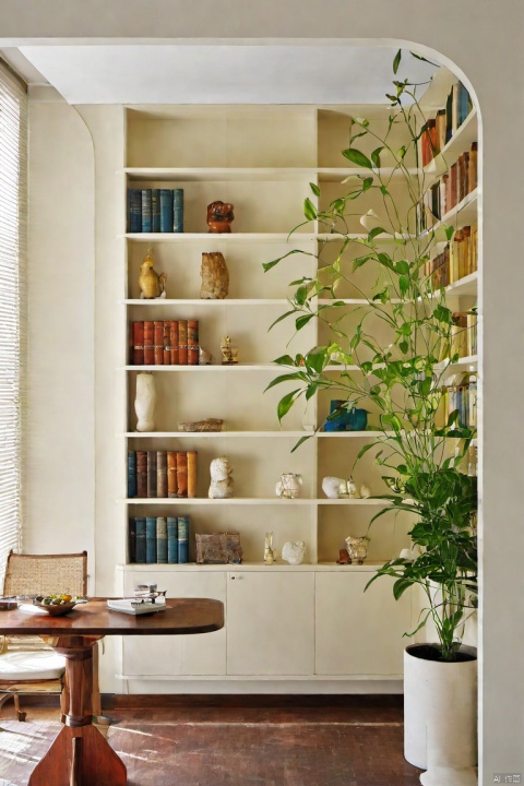  hunda, no humans, bookshelf . window, , table, plant , indoors, , cream color 