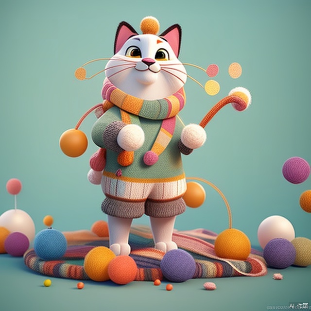  3d, animation, a very cute cat with an orange head, wearing a small hat, striped scarf,floating in the air, green sweater, is knitting . There were many balls of wool and yarn on the ground, brightly colored,A lot of tangled yarn