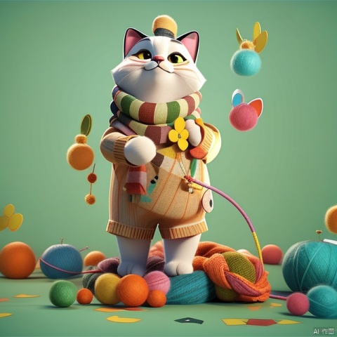  3d, animation, a very cute cat with an orange head, wearing a small hat, striped scarf,floating in the air, green sweater, is knitting . There were many balls of wool and yarn on the ground, brightly colored,A lot of tangled yarn