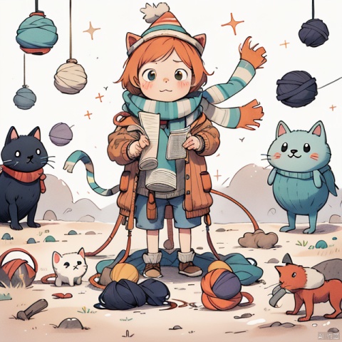Anime, very cute kitten, orange hair, knitting, wearing a cute hat, striped scarf, green sweater, there are a lot of balls of yarn and yarn on the ground