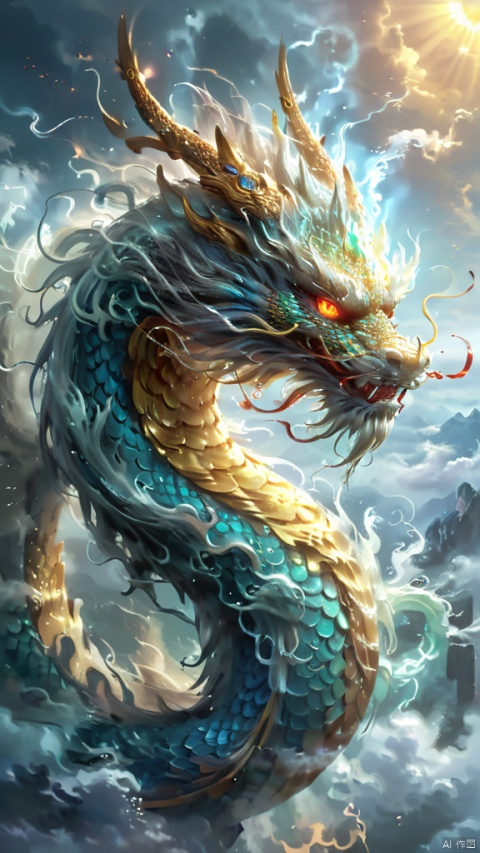 (majestic Dragon King with Eastern characteristics:1),Chinese dragon symbolism,imposing and awe-inspiring presence,wisdom emanating from its eyes,protector of realms,powerful and commanding,traditional Chinese art style,intricate dragon scales shimmering in ethereal light,long swirling whiskers,claws gripping the clouds,surrounded by a mist of celestial energy,vibrant dragon aura,mystical and ancient,ornate decorations symbolizing royalty and authority,best quality,4k,8k,highres,(masterpiece::1.2),ultra-detailed,realistic,photorealistic, (photo-realistic::1.37),dynamic composition, ((emperor's presence::1.1), ((spiritual guardian::1.1),majestic dragon form,fierce expression,powerful stance,divine protector,supreme dragon,mythical atmosphere, ((rich colors::1.1), ((light rays::1.1),floating palace,celestial kingdom,traditional Chinese motifs,fiery dragon eyes,dragon's wisdom,legendary creature,majestic skies, ((auspicious clouds::1.1),strong visual impact