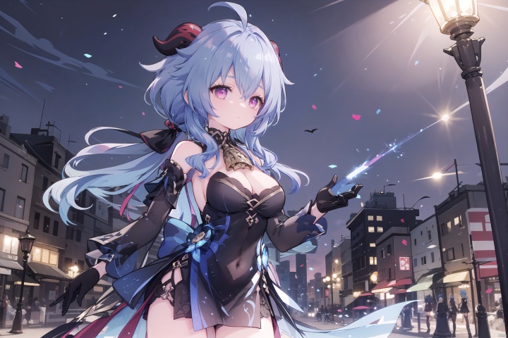  (black dress),black clothes,horns,(low ponytail),1girl, solo,(long hair),blue hair,pink eyes,with a little bell around his neck,detached sleeves,black gloves,alternate costume,Hair tip,cowboy_shot,thigh,large_breasts,ahoge,solo,street,night,ganyu, masterpiece