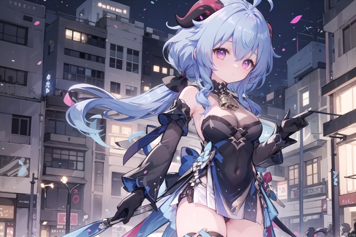  (black dress),black clothes,horns,(low ponytail),1girl, solo,(long hair),blue hair,pink eyes,with a little bell around his neck,detached sleeves,black gloves,alternate costume,Hair tip,cowboy_shot,thigh,large_breasts,ahoge,solo,street,night,ganyu, masterpiece