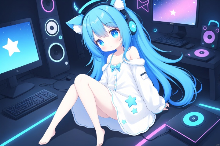  masterpiece, best quality, blue hair,cat ears,cute,headphones, star hair ornament, computers, technology, cyberpunk,Cute white pajamas,languor,clothes slipping off revealing fair shoulders,full body,bare feet