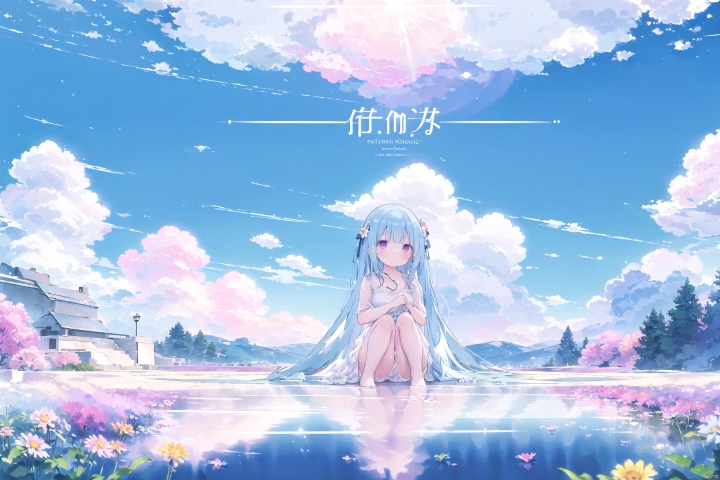 best quality,  masterpiece,  illustration,  (reflection light),  incredibly absurdres,  (Movie Poster),  (signature:1.3),  (English text:1.3),  1girl,  girl middle of flower,  pure skyblue hair,  red eyes,  clear sky,  outside,  collarbone,  loli,  sitting,  absurdly long hair,  clear boundaries of the cloth,  white dress,  fantastic scenery,  ground of flowers,  thousand of flowers,  colorful flowers,  flowers around her,  various flowers