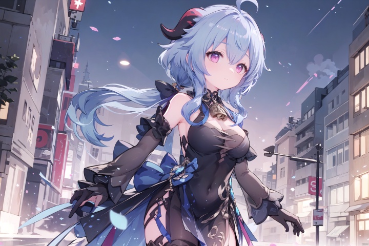  (black dress),black clothes,horns,(low ponytail),1girl, solo,(long hair),blue hair,pink eyes,with a little bell around his neck,detached sleeves,black gloves,alternate costume,Hair tip,cowboy_shot,thigh,large_breasts,ahoge,solo,street,night,ganyu, masterpiece