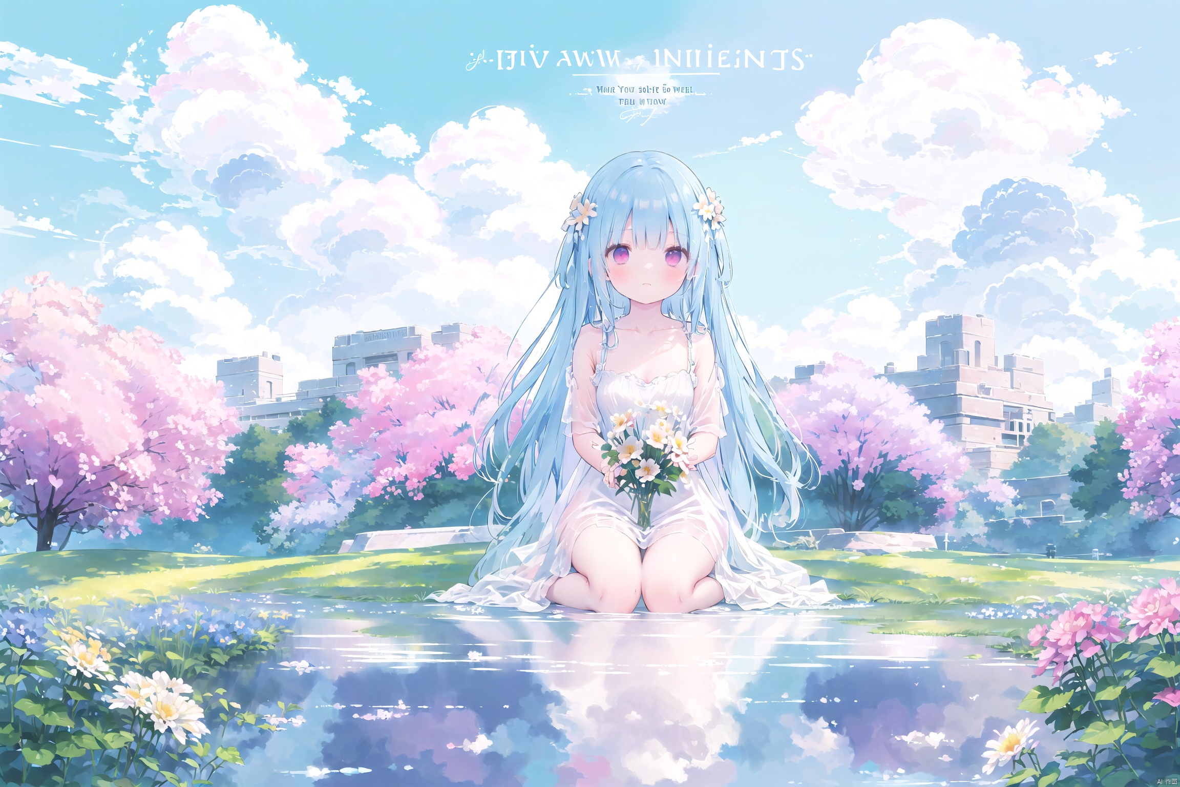 best quality,  masterpiece,  illustration,  (reflection light),  incredibly absurdres,  (Movie Poster),  (signature:1.3),  (English text:1.3),  1girl,  girl middle of flower,  pure skyblue hair,  red eyes,  clear sky,  outside,  collarbone,  loli,  sitting,  absurdly long hair,  clear boundaries of the cloth,  white dress,  fantastic scenery,  ground of flowers,  thousand of flowers,  colorful flowers,  flowers around her,  various flowers