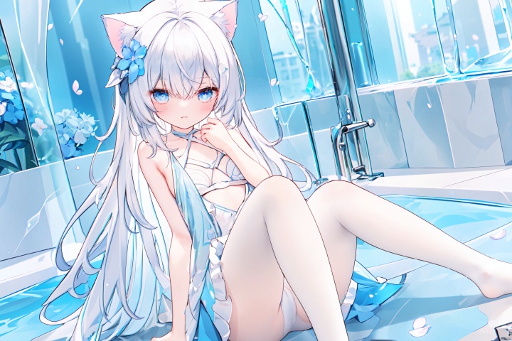  full body, masterpiece, best quality, official art, very detailed cg 8k wallpaper, (flying petals) (detailed ice), cold expression, (cat ears), white hair, long hair, messy hair, blue eyes, looking at the audience, very fine and beautiful, water, (beautiful detailed eyes), high detail, movie lighting, (beautiful face), fine water. (original figure painting), super detailed, incredible details, (very fine and beautiful), beautiful detailed eyes, (best quality) beautiful woman and beautiful figure: 1.3, ((white hair)), (showers, muddy water)), (transparent underwear and bristles)), (bathroom), (pause), open legs)), (wet body)), (drenched) transparent underwear bites, stripes, hair covers beautiful, , hair ornament