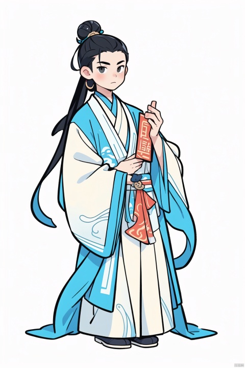  guofeng,illustration,full_shot,1boy,male focus,solo,single hair bun,hair bun,holding,holding_book,robe,black hair,hanfu,tang style outfits,looking_at_viewer,white_background,clean background,introduction background,blank background,