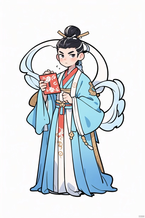  guofeng,illustration,full_shot,1boy,male focus,solo,single hair bun,hair bun,holding,holding_book,robe,black hair,hanfu,tang style outfits,looking_at_viewer,white_background,clean background,introduction background,blank background,