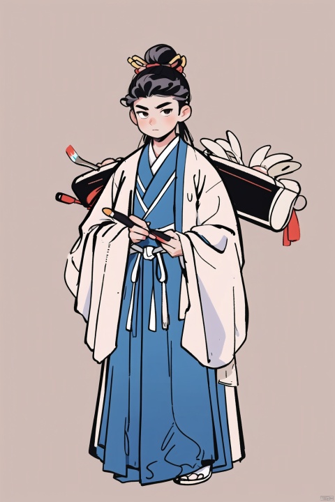  gufeng,1boy,male focus,solo,single hair bun,holding,hair bun,paintbrush,holding paintbrush,upper body,robe,black hair,hanfu,tang style outfits,looking_at_viewer,illustration,clean background,introduction background,blank background,