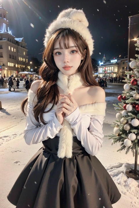  1girl, HUBG_Christmas_dress, ,snowing