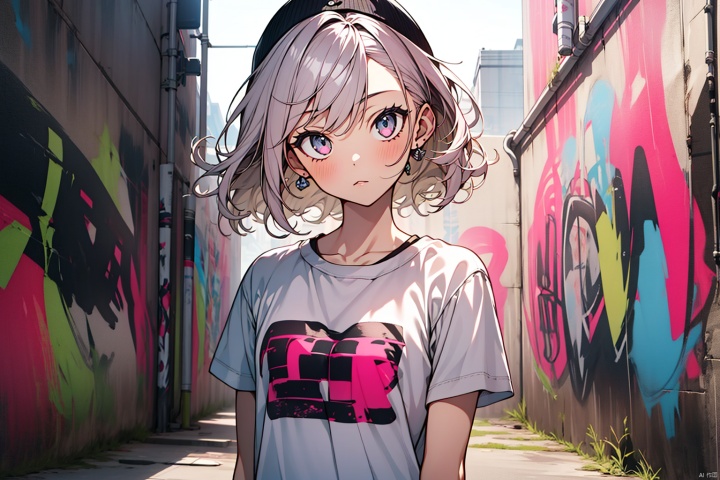 1girl,graffiti,in the style of dark silver and light pink,street scene,utilitarian,8k,shiny/glossy,toonami,uniformly staged images,graffiti,t-shirt,bare arms,,
