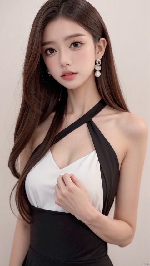  1girl,black evening dress,jewelry,upper body,white background,