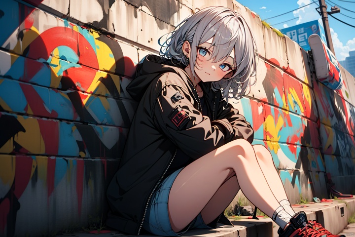 anime character, female, silver hair, graffiti background, urban setting, streetwear, bomber jacket, sneakers,  youthful, clear sky, daytime, detailed illustration, high-resolution image, stylized, outdoor photo, color contrast, anime art style, digital art, leisure, relaxed expression, artistic composition, wall art, trendy outfit, subtle shadows, side glance, soft lighting, vibrant colors, knee socks, wristband, graffiti