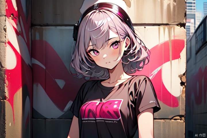 1girl,graffiti,in the style of dark silver and light pink,street scene,utilitarian,8k,shiny/glossy,toonami,uniformly staged images,graffiti,t-shirt,bare arms,,
