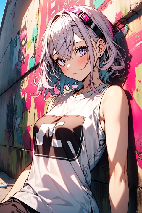 1girl,graffiti,in the style of dark silver and light pink,street scene,utilitarian,8k,shiny/glossy,toonami,uniformly staged images,graffiti,t-shirt,bare arms,,
, graffiti