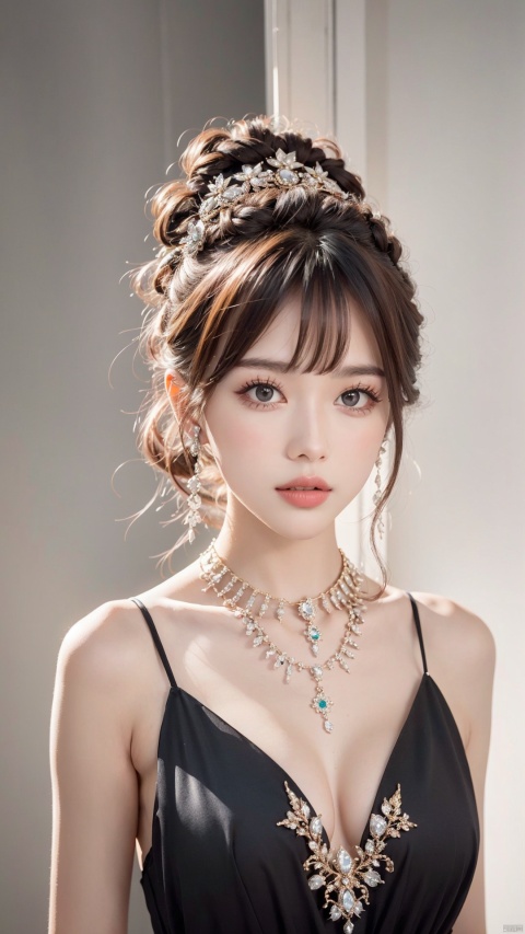  1girl,black evening dress,jewelry,upper body,white background,