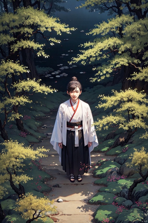  ((Masterpiece))),((Best Quality))),(from above:1.45),1boy,solo,full body,(standing,shading eyes, arms behind back:1.25),(long sleeves,robe, skirt:1.1),(chinese clothes),happy,black_eyes,wide eyed,smile,open mouth,belt,(black hair,short hair:1.25),kanzashi,hair ornament,hair pulled back,topknot,Chinese Style,mountain forest,woods,(willows:1.25),branches,grass,stones,mountains,day,outdoors,sky,rivers,roads,(Brown/earthy theme:1.1), Gongbi Shanshui