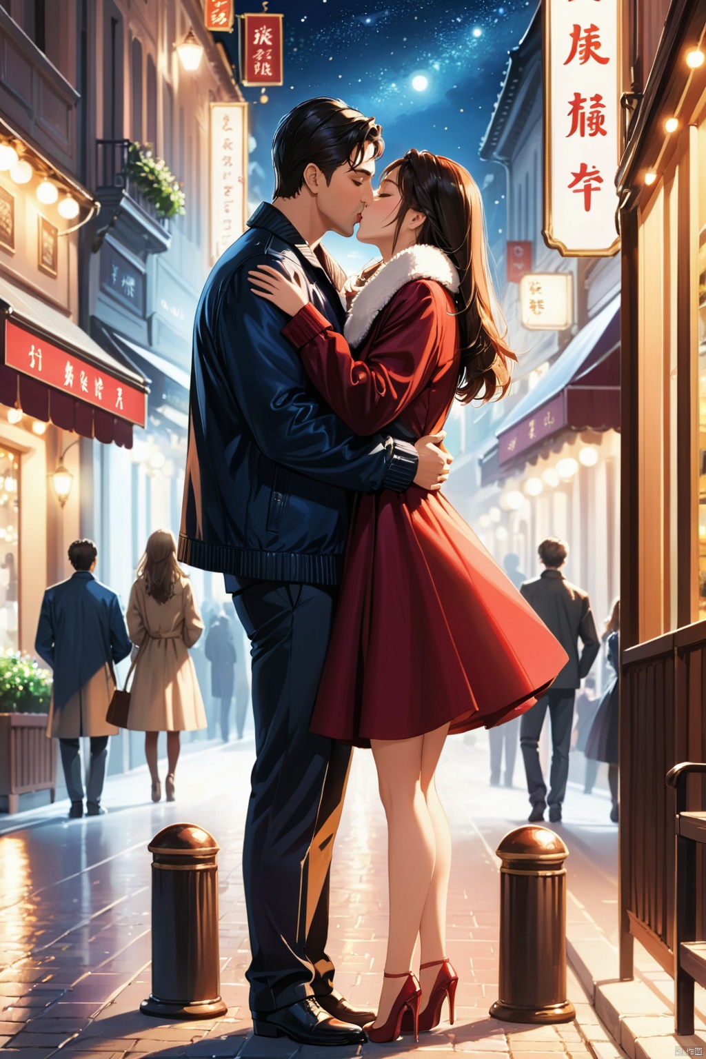  ((Masterpiece))),((Best Quality))),There are many people watching, a man watching a couple kissing, couples hugging and kissing, the street at night,