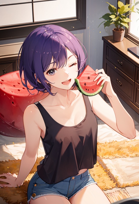 masterpiece, best quality,from above,1gril,solo,upper_body,sitting,smirk,(Handheld watermelon):1.1,open mouth, black eyes,cute face, light smile, one eye closed, very short hair, light purple hair, hair down, straight hair, swept bangs,tank_top, shorts,day,living room,indoor,golden hour lighting,