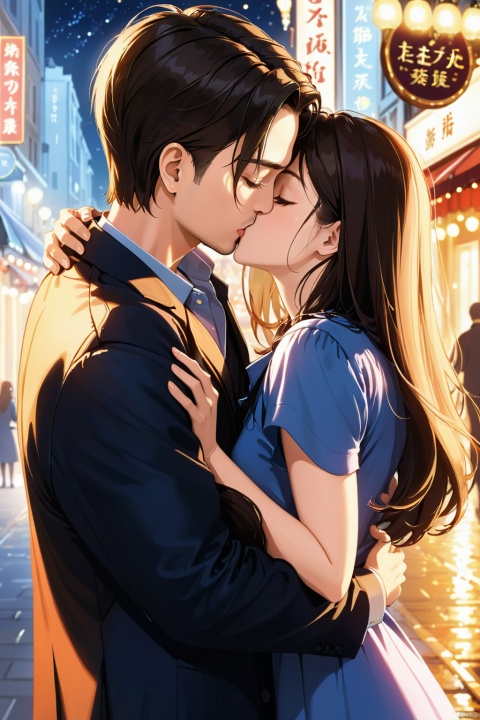  ((Masterpiece))),((Best Quality))),There are many people watching, a man watching a couple kissing, couples hugging and kissing, the street at night,