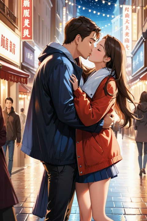  ((Masterpiece))),((Best Quality))),(mulitiplayer,1boy,1gril:1.25),Many people, a man watching a couple kissing, a couple hugging and kissing, the street at night