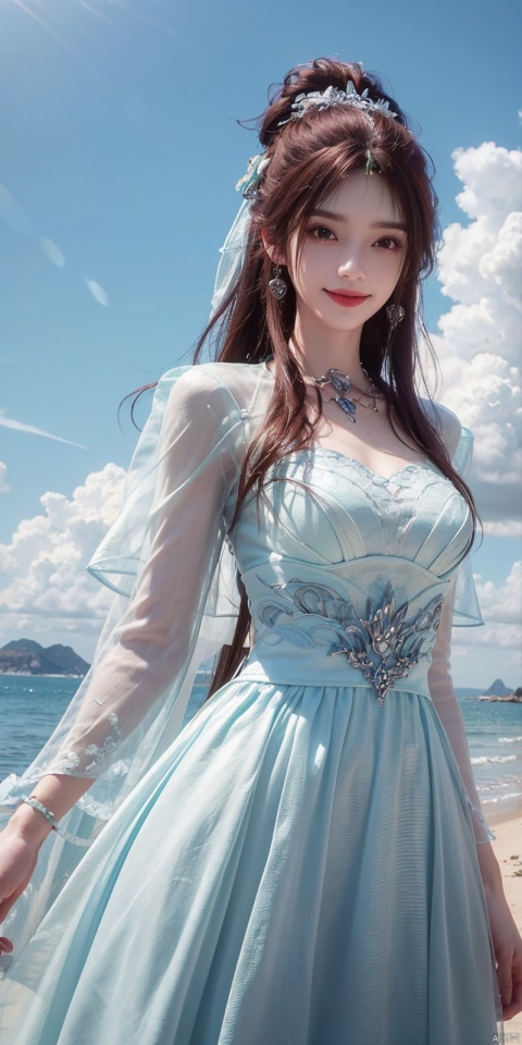  (Good structure),cowboy_shot, DSLR Quality,Depth of field ,looking_at_viewer,Dynamic pose, , kind smile,, Blue sky and white clouds on the beach,Masterpiece, (ultra wide angle lens: 1.2), Unity8k wallpaper, best quality, (detail shadow: 1.1), a beautiful girl, on a sea of light blue silk, translucent silk, floating light blue silk, surrealist style, minimalism, highly detailed texture, light blue, white clean background, CG rendering, light passing through clouds, 8k resolution, (motion photo: 1.2), (Fidelity: 1.4), original photos, movie lighting, 1girl,, , ,kind smile, , weddingdress,,,  yeqinxian