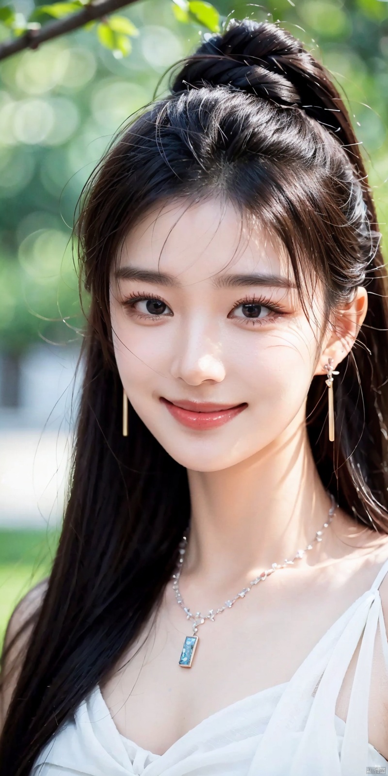 best quality, masterpiece, realistic,,(Good structure), DSLR Quality,Depth of field,kind smile,looking_at_viewer,Dynamic pose,  pose for picture, 
wangchuran, 1girl, jewelry, solo, black hair, realistic, necklace, long hair, earrings, upper body