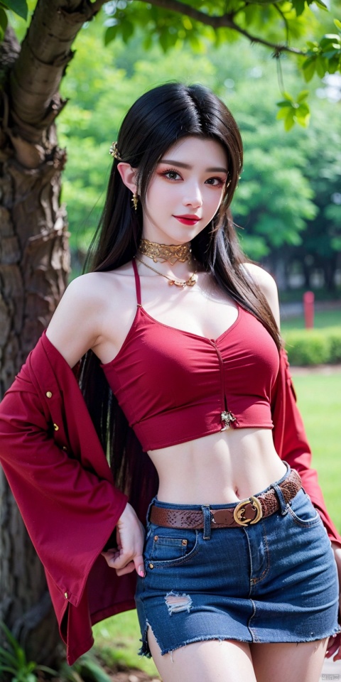  best quality, masterpiece, cowboy_shot,(Good structure), DSLR Quality,Depth of field,kind smile,looking_at_viewer,Dynamic pose,
 1girl, 3d, bare_shoulders, belt, blurry, blurry_background, blurry_foreground, branch, , , , collarbone, cosplay_photo, denim, denim_skirt, depth_of_field, , lips, long_hair, looking_at_viewer, midriff, miniskirt, motion_blur, navel, outdoors, photo_\(medium\), realistic, skirt, solo, standing, tree, , , , , , meidusha