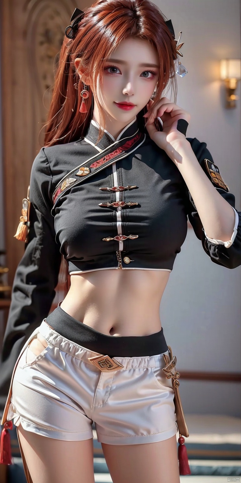 DSLR, (Good structure), ,High quality, masterpiece, 1Girl, Earstuds, blue eyes,Earstuds, blue eyes, black hair, (translucent white police uniform ), navel exposed, (translucent shorts ), thigh exposed, (supermodel pose),smile,(solo),（Different postures）,red hair,(Perfect hand lines),, 1 girl, , (\meng ze\), ((poakl)), yefei,looking_at_viewer,kind smile,Dynamic pose