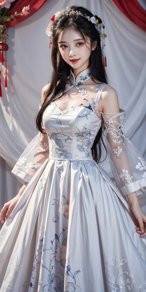  (Good structure), DSLR Quality,Depth of field ,looking_at_viewer,Dynamic pose, , kind smile,
 masterpiece, The best quality, 1girl, luxurious wedding dress, dreamy scene, white background, front viewer, looking at viewer, Flowers, romantic, Bride, Translucent white turban, UHD, 16k, , sparkling dress, , white stockings, , chinese dress,white dress,long hair,
chinese clothes,dress,white dress,floral print,china dress,blue dress,hanfu,long sleeves,print dress,robe,skirt,sleeveless dress,widesleeves, weddingdress, ,  , zhulin