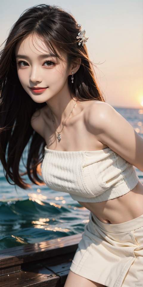 (Good structure),cowboy_shot, DSLR Quality,Depth of field ,looking_at_viewer,Dynamic pose, , kind smile,,
1girl, solo, long hair, , looking at viewer, skirt, hair ornament, bare shoulders, jewelry, , black hair, earrings, outdoors, midriff, water, necklace, lips, crop top, grey eyes, leaning forward, ocean, white skirt, strapless vest, sunset, sun, , , litongqin