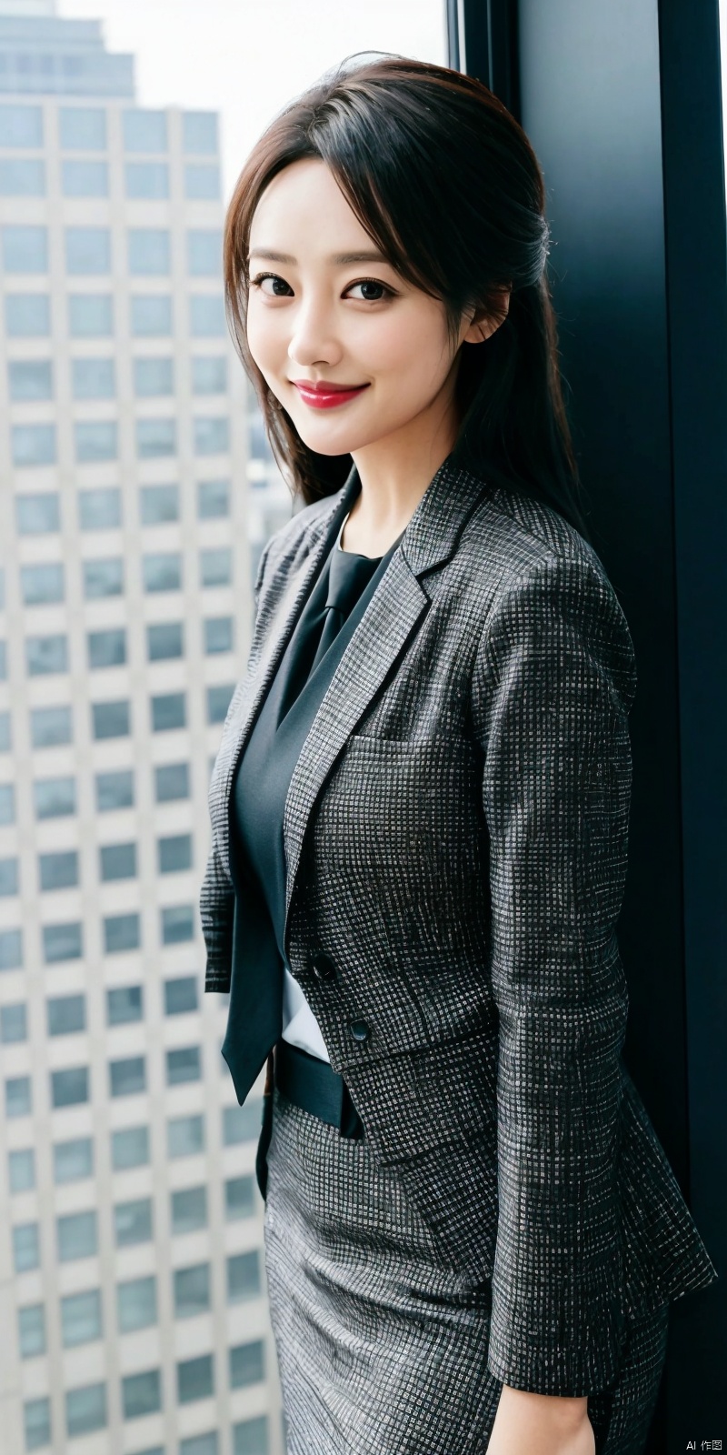  best quality, masterpiece, cowboy_shot,(Good structure), DSLR Quality,Depth of field,kind smile,looking_at_viewer,Dynamic pose, 
Modern businesswoman, dressed in a sleek suit and tie, posing confidently in a modern office setting, cityscape view through the window, focused expression, powerful pose, professional attire, realistic lighting, sharp focus.,lichun