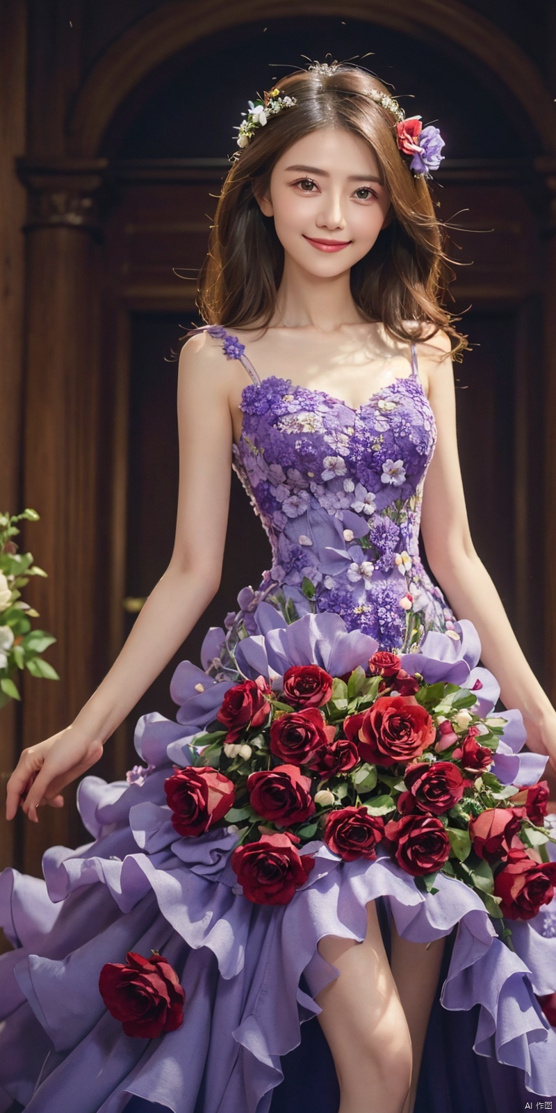 best quality, masterpiece, cowboy_shot,(Good structure), DSLR Quality,Depth of field,kind smile,looking_at_viewer,Dynamic pose, 

flower,purple rose,purple flower,hair flower,hair ornament,
, , weddingdress, , whitedress, ,, dress, yuanyuan,red dress