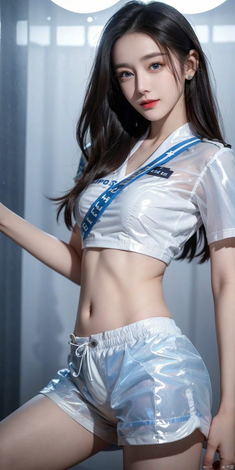  DSLR, (Good structure), ,High quality, masterpiece, 1Girl, Earstuds, blue eyes,Earstuds, blue eyes, black hair, (translucent white police uniform: 1.5), navel exposed, (translucent shorts: 1.3), thigh exposed, (supermodel pose),smile,(solo),（Different postures）,(Perfect hand lines),, 1 girl, ,, dililengba, 1girl