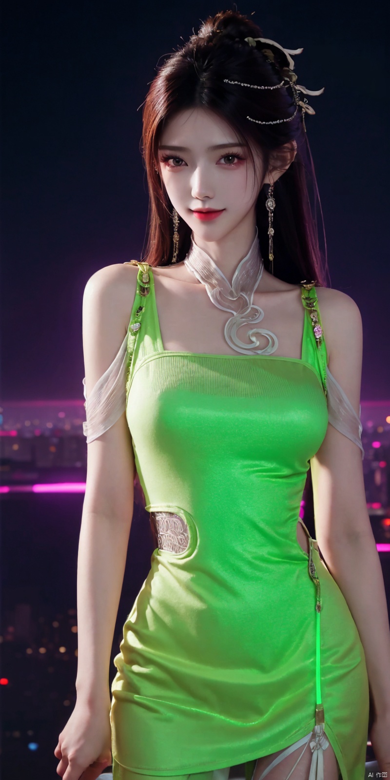  best quality, masterpiece, realistic,cowboy_shot,(Good structure), DSLR Quality,Depth of field,kind smile,looking_at_viewer,Dynamic pose, 
neonpunk style Neon noir leogirl,hANMEIMEI,realistic photography,,On the rooftop of a towering skyscraper,a girl stands,facing the camera directly. Behind her,a multitude of skyscrapers stretches into the distance,creating a breathtaking urban panorama. It's the perfect dusk moment,with the evening sun casting a warm glow on the girl's face,intensifying the scene's impact. The photo captures a sense of awe,with the sharpness and realism making every detail vivid and clear,Hair fluttered in the wind,long hair,halterneck, . cyberpunk, vaporwave, neon, vibes, vibrant, stunningly beautiful, crisp, detailed, sleek, ultramodern, magenta highlights, dark purple shadows, high contrast, cinematic, ultra detailed, intricate, professional, , , , , , dress, blue dress, ,  ,jinpinger