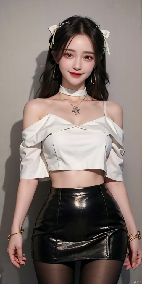  nai3, 1girl, solo, crop top, choker, miniskirt , navel, shirt, midriff, crop top overhang, looking at viewer, white shirt, jewelry, breasts, cowboy shot, bare shoulders, off-shoulder shirt, off shoulder, black choker, thighs, stomach, hand on own thigh, long hair, bracelet, short sleeves, ribbon, hand up, collarbone, hair ribbon, medium breasts, standing, , , bra strap, kind smile, hair ornament, thigh gap, bangs, necklace, expressionless,,kind smile , , blackpantyhose, , Dynamic pose,, liushen