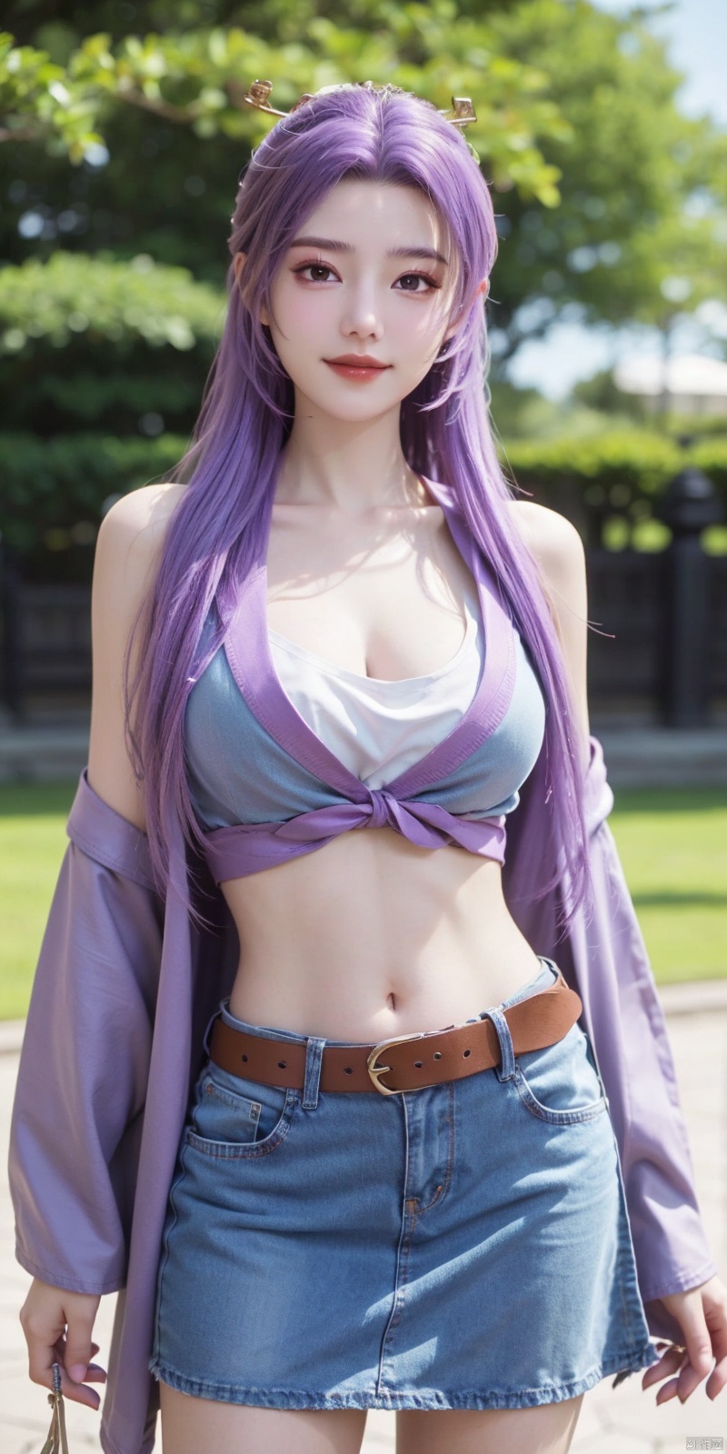  best quality, masterpiece, cowboy_shot,(Good structure), DSLR Quality,Depth of field,kind smile,looking_at_viewer,Dynamic pose,
 1girl, 3d, bare_shoulders, belt, blurry, blurry_background, blurry_foreground, branch, breasts, brown_eyes, brown_hair, collarbone, cosplay_photo, denim, denim_skirt, depth_of_field, hand_on_own_chest, lips, long_hair, looking_at_viewer, midriff, miniskirt, motion_blur, navel, outdoors, photo_\(medium\), realistic, skirt, solo, standing, tree, , yunxiao,purple_hair