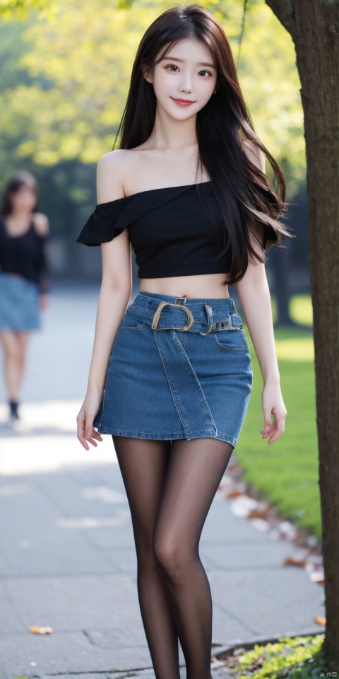  best quality, masterpiece, full_body,(Good structure), DSLR Quality,Depth of field,kind smile,looking_at_viewer,Dynamic pose,
 1girl, 3d, bare_shoulders, belt, blurry, blurry_background, blurry_foreground, branch, , , , collarbone, *******_photo, denim, denim_skirt, depth_of_field, , lips, long_hair, looking_at_viewer, midriff, miniskirt, motion_blur, navel, outdoors, photo_\(medium\), realistic, skirt, solo, standing, tree, , , , blackpantyhose, , , , , , , lizhien