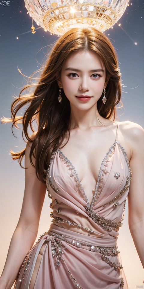 (Good structure),cowboy_shot, DSLR Quality,Depth of field ,looking_at_viewer,Dynamic pose, , kind smile,1girl,solo,beautiful face,brown eyes,brown hair,lips,bare shoulders,collarbone,Milky skin,shiny skin,diamond pendant,diamond earrings,floating long hair,, , dress,see through,blue sky,white clouds,lightyellow and lightpink flowers,light particles,sparkle,realistic,ultra realistic and detailed,high detail texture,Ultra high quality,from_below,fisheye,constellation, , ((poakl)), dress, 1girl, nike