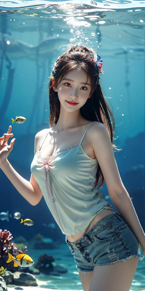  (Good structure), DSLR Quality,Depth of field,kind smile,looking_at_viewer,Dynamic pose,Best Quality, 
(RAW photo, best quality),(realistic, photo-realistic:1.3),(extremely delicate and beautiful:1.1),
1girl,
white camisole, blue shorts,
(exquisitely detailed skin),
underwater, fishes, plants, fantasy,
best shadow,intricate,
cinematic light,perfect anatomy,(coolcolor:1.4),water,yushuishu,Forest system, (original), Underwater Di,shuixia,((qingsha)),dress,long_hair,serafuku,qingsha, 1girl, linyuner