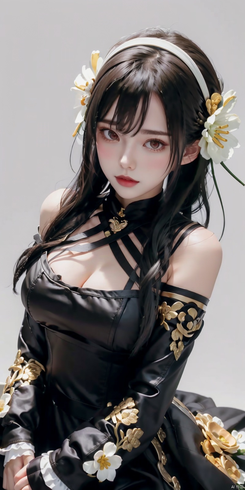  masterpiece, best quality, ,yor briar,1girl,hairband,Black leather dress,cowboy shot,breasts, ,hair flower,gold hairband,(White background:1.2), flowers,