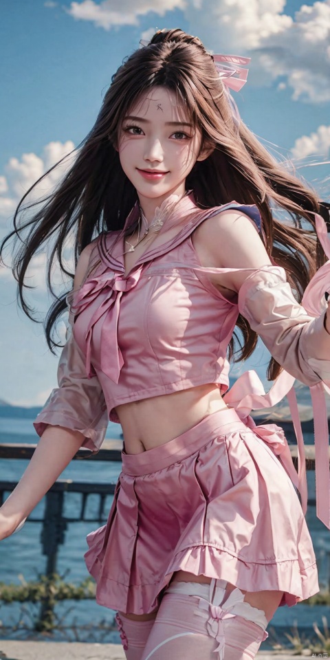 best quality, masterpiece, realistic,cowboy_shot,(Good structure), DSLR Quality,Depth of field,kind smile,looking_at_viewer,Dynamic pose, 
,  Wind, flowing hair, , Dynamic pose, , perfect body, Blue sky and white clouds, campus, sailor senshi uniform,pink bow,pink necktie,pink sailor collar,pinkskirt, ,,pink_hair, blackpantyhose,jinpinger