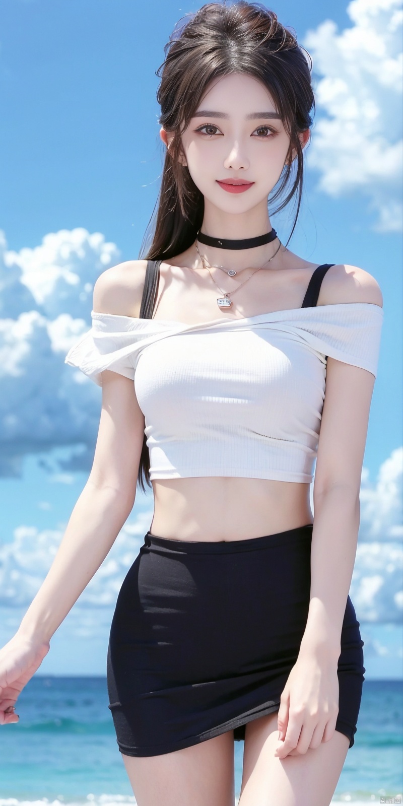  cowboy_shot,(Good structure), DSLR Quality,Short skirt,Blue sky, white clouds, ocean, nai3, 1girl, solo, crop top, , choker, navel, shirt, midriff, crop top overhang, looking at viewer, white shirt, jewelry, breasts, bare shoulders, off-shoulder shirt, off shoulder, black choker, thighs, stomach, long hair, bracelet, short sleeves, ribbon, hand up, collarbone, hair ribbon, medium breasts, , bra strap, , hair ornament, thigh gap, necklace, expressionless, , ,kind smile, , wanglin