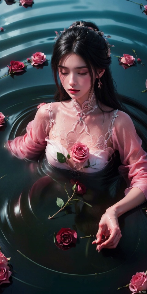  Absurdity, realistic rendering, (masterpiece, best quality), flowers, solo, water, roses, realistic, with eyes closed, blurry, partially submerged, 1 girl, floating, ripple, red flowers, petals, pink flowers, black hair, top-down, (8k, best quality, ultra-high resolution, masterpiece: 1.2),

, 1girl, luxueqi