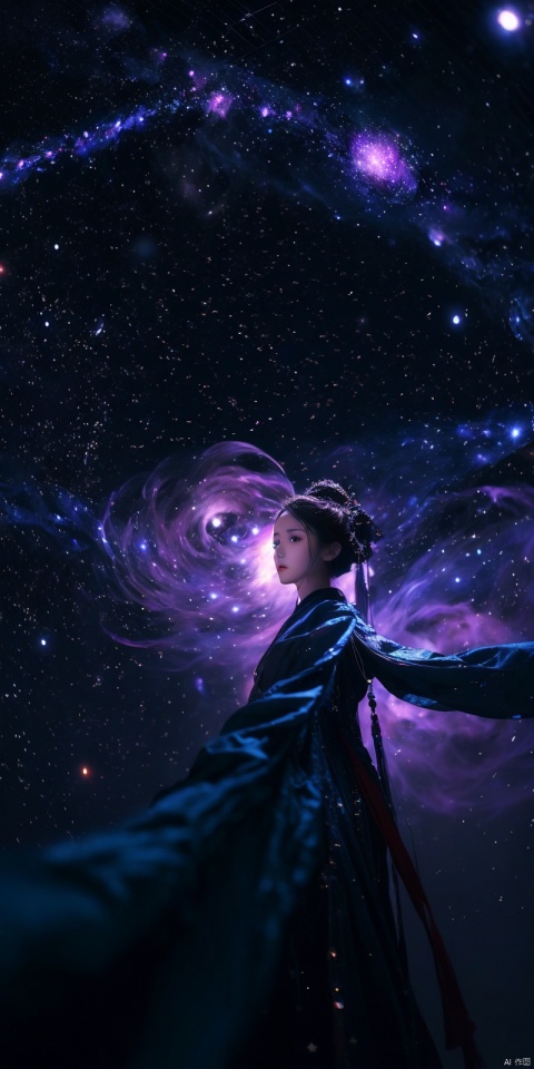  1girl, limuwan,(wide shot:0.95),from_below,black magic,purple theme,(universe in background:1.2),star_(sky),hyper_galaxy,depth_of_field,planet in background,particle effects, , hanikezi, ((poakl))