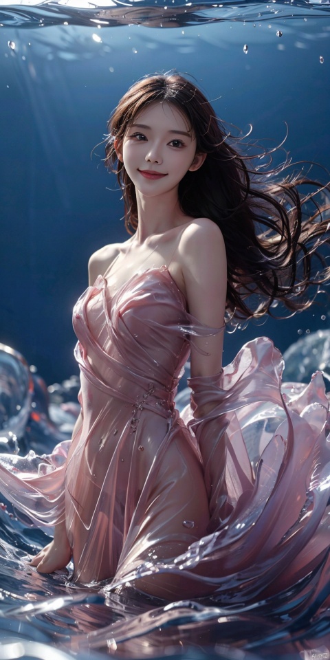  best quality, masterpiece, cowboy_shot,(Good structure), DSLR Quality,Depth of field,kind smile,looking_at_viewer,Dynamic pose, 
(ice art, translucent forms, ephemeral beauty, crystalline textures, delicate craftsmanship, chilling allure),sea,wave,liquid clothes,dress, water dress,,pose for picture,long_hair,kind smile,, liquid clothes, , sd mai, linzhiling